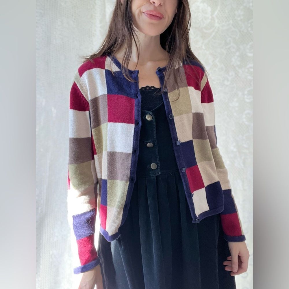 Y2K Christopher & Banks Colorblock Knit Cardigan Red Navy Cream Fall Sweater